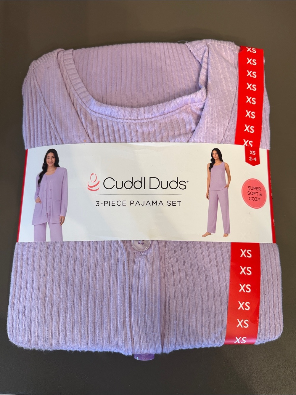 Cuddl Duds Lavender Ribbed 3-Piece Pajama Set Womens size XS